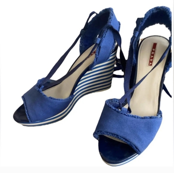 PRADA Cloth Striped Cobalt Blue Canvas Ankle Lace Up Wedges Heels Sandals - Picture 1 of 4
